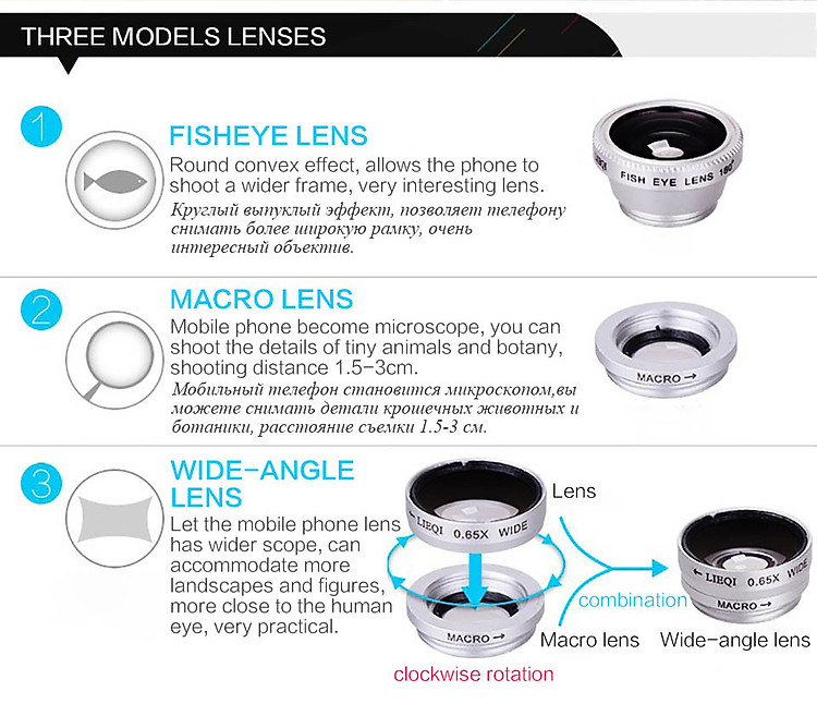 Bộ kính lens cho điện thoại góc rộng, fisheye, macro 3 trong 1 Aturos Universal Clip Lens