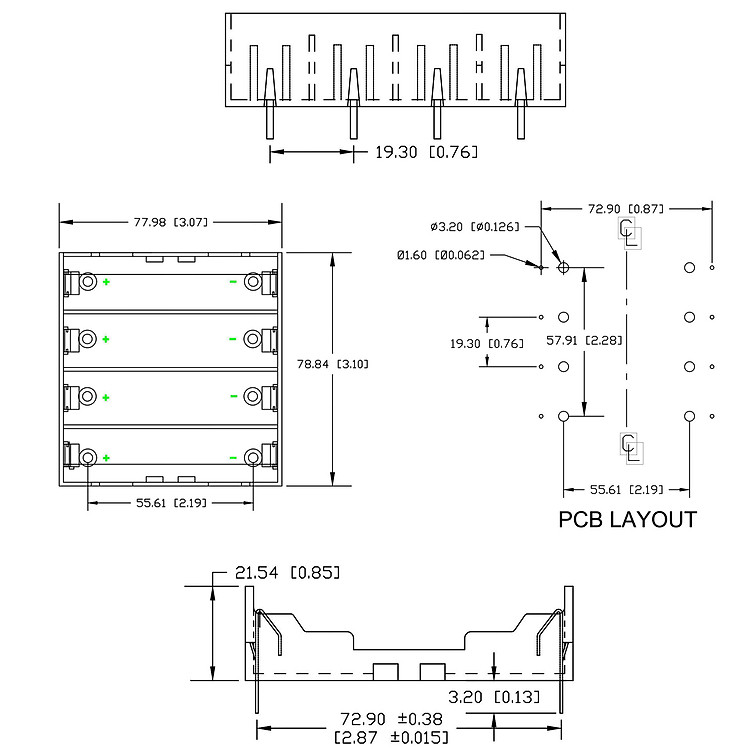 Kích thước Đế 4 Pin 18650 Hàn PCB