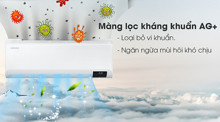 Máy lạnh Samsung Inverter 1 HP AR10TYHYCWKNSV-Loại bỏ vi khuẩn, mùi hôi khó chịu với màng lọc kháng khuẩn Ag+ Máy lạnh Samsung Inverter 1 HP AR10TYHYCWKNSV-Loại bỏ vi khuẩn, mùi hôi khó chịu với màng lọc kháng khuẩn Ag+