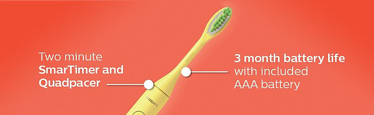 Philips One by Sonicare, two minute timer, smartimer, quadpacer, 3 month battery, toothbrush