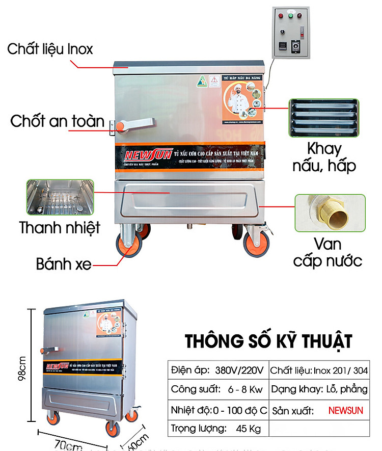 Tủ hấp giò chả bằng điện 6 khay Newsun (30 kg/mẻ) - không tủ điều khiển (Ảnh 2)