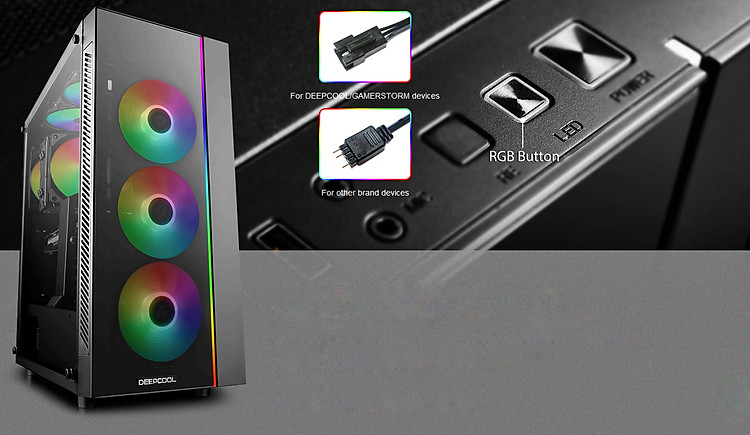 Vỏ MATREXX 55 quay mặt sang phải một chút với quạt đèn cầu vồng RGB.Hình nền là bảng I / O của vỏ máy và hai điểm nóng cho cáp DEEPCOOL / GAMERSTORM và cáp tiêu chuẩn cho các thiết bị chiếu sáng RGB