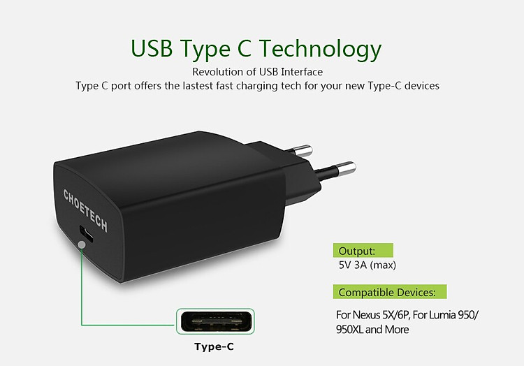 (Tặng dây sạc) Bộ cóc củ sạc nhanh 15W chuẩn PD 3.0 Type-C hiệu CHOETECH TC0001 cho điện thoại / máy tính bảng / Macbook iPhone Samsung Huawei Xiaomi Oppo Nokia Trang bị chip sạc thông minh (Đính kèm 1 dây sạc Type-C to Type-C) - Hàng chính hãng