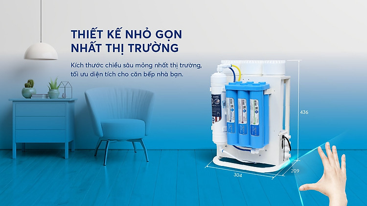 Máy lọc nước 10 lõi có kích thước siêu nhỏ gọn, chỉ với 21cm chiều sâu phù hợp với không gian nhỏ,chật hẹp