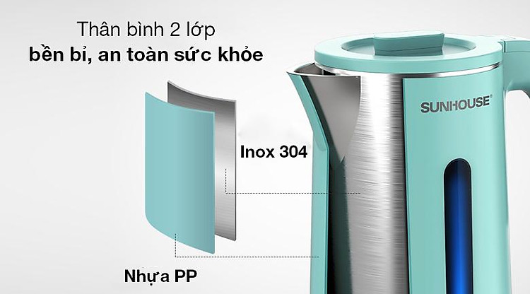 Bình đun siêu tốc Sunhouse 1.8 lít SHD1351 - Thân bình đun siêu tốc Sunhouse dày 2 lớp chất lượng tốt