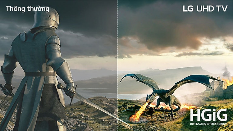 Một hiệp sĩ mặc áo giáp với thanh kiếm và một con rồng thổi lửa đang đối mặt với nhau. Trên hình ảnh, đoạn chữ Conventional ở phía trên bên trái, LG UHD TV ở phía trên bên phải và logo HGiG ở phía dưới bên phải.