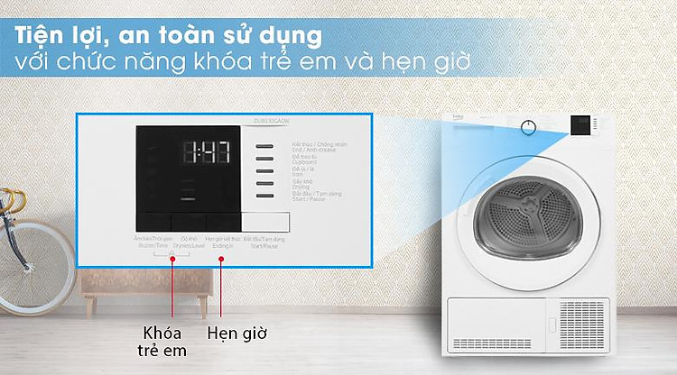 Tính năng khóa trẻ em và chế độ hẹn giờ - Máy sấy Beko 8kg DU8133GA0W