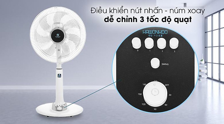 Quạt lửng Hawokoo FAH-010 - Trang bị điều khiển nút nhấn - núm xoay trực quan, dễ chỉnh 3 tốc độ quạt