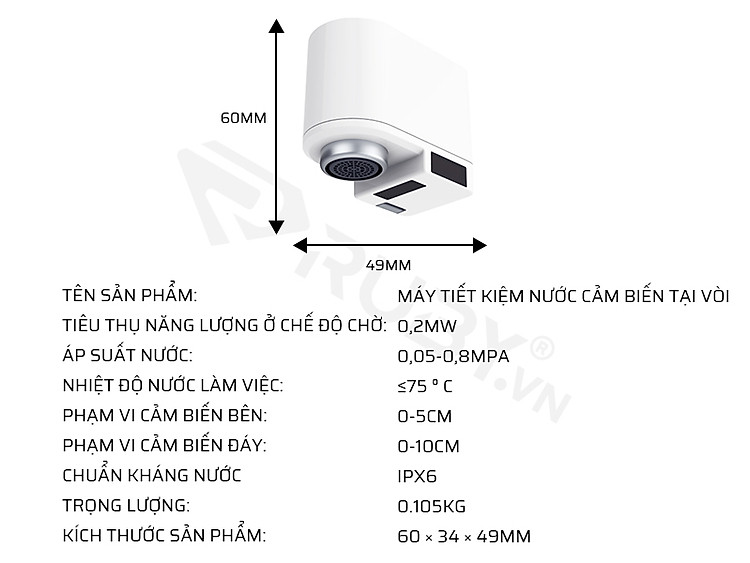 Thông số kỹ thuật của thiết bị tiết kiệm nước cảm biến tại vòi Xiaomi ZANJIA