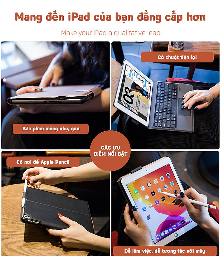 Bàn phím Bluetooth cho iPad 9.7/2018/2017/Air2/Air10.5/Pro 10.5 có touchpad kèm bao da Promax T1091
