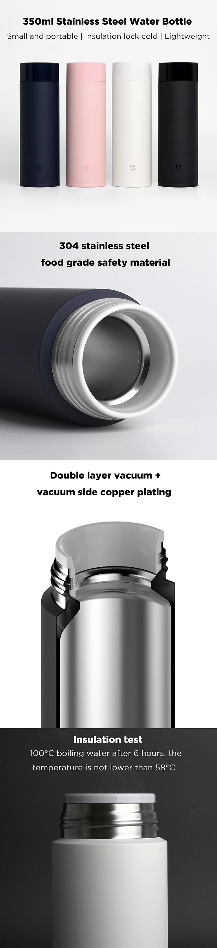 XIAOMI Mijia Mini 350ML Vacuum Thermos Bottle Long Lasting Insulation Keep Cold SUS 304 Stainless Steel Vacuum Water Bottles