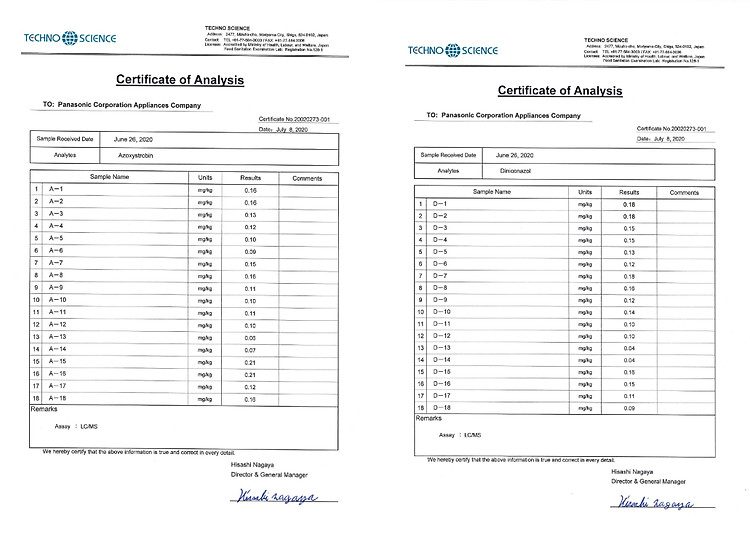 Giấy chứng nhận của tổ chức Accredited by Ministry of Health, Labour, and Welfare, Janpan đánh gía về hiệu quả khử khuẩn, khử mùi của Nanoe-X