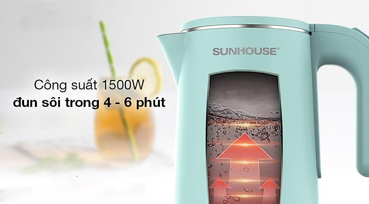 Bình đun siêu tốc Sunhouse 1.8 lít SHD1351 - Công suất 1500W đun sôi nước trong 4 - 6 phút, tiết kiệm điện