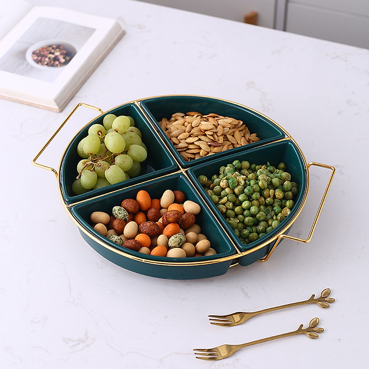 Khay mứt, hạt quả khô sứ tròn khung kim loại