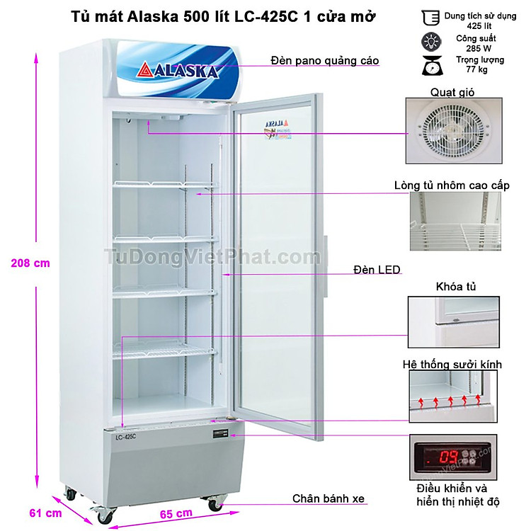 Kích thước tủ mát Alaska 500 lít LC-425C 1 cửa mở