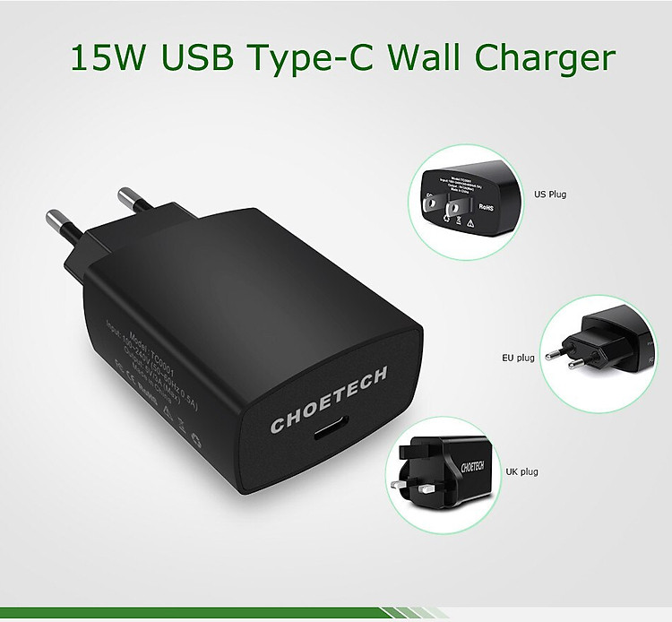 (Tặng dây sạc) Bộ cóc củ sạc nhanh 15W chuẩn PD 3.0 Type-C hiệu CHOETECH TC0001 cho điện thoại / máy tính bảng / Macbook iPhone Samsung Huawei Xiaomi Oppo Nokia Trang bị chip sạc thông minh (Đính kèm 1 dây sạc Type-C to Type-C) - Hàng chính hãng