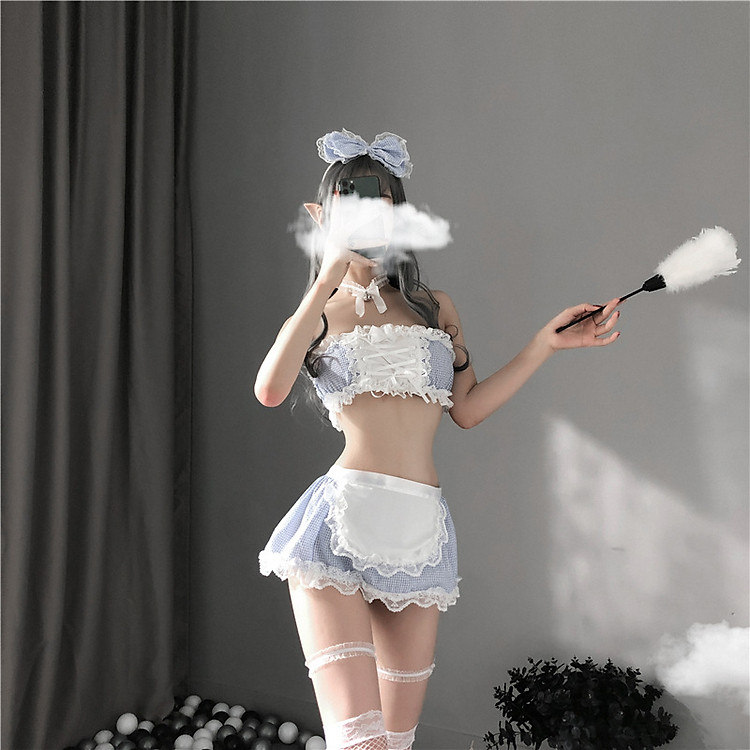 Set ngủ Cosplay giúp việc tạp dề caro