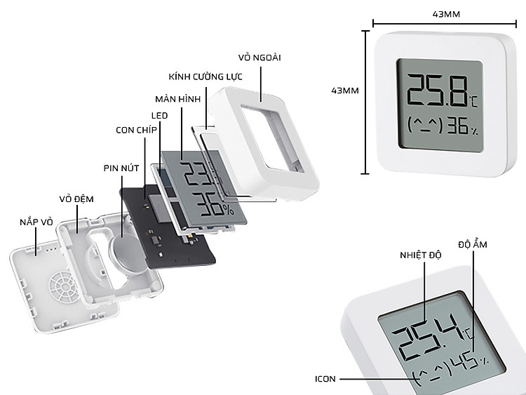 Cấu tạo chi tiết nhiệt ẩm kế điện tử Xiaomi Mijia Gen 2 LYWSD03MMC