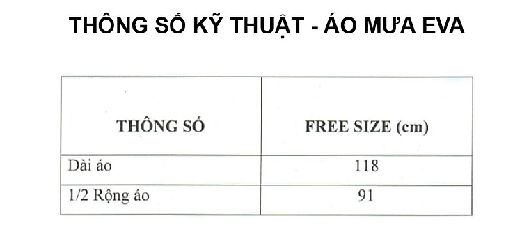 Thông số kỹ thuật áo mưa EVA - RANDO