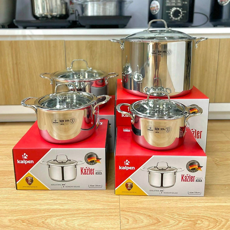Bộ 3 nồi Inox 3 lớp liền khối Kalpen Kazler KZ1 size 16,20,24cm chuẩn Đức