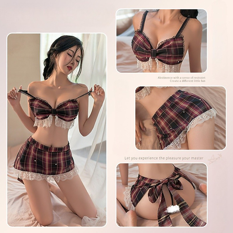 Bộ Cosplay Váy Sọc Caro Phối Ren