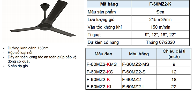 Quạt trần Panasonic 3 cánh màu đen F-60MZ2-K | Công ty Cổ phần Xuất nhập khẩu và Thương mại Lê Gia