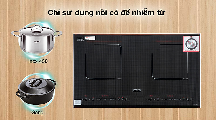 Bếp từ đôi lắp âm Chef's EH-DIH320 - Sử dụng với nồi/chảo có đáy nhiễm từ như gang, inox 430 dạng đáy liền