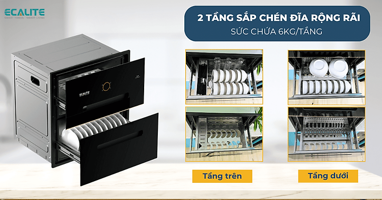 Cấu tạo 2 tầng sắp xếp chén đĩa của máy sấy bát chén Ecalite
