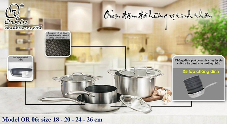 Bộ nồi chảo Inox 304 chống dính Blackcube Orkin Thái Lan OR06