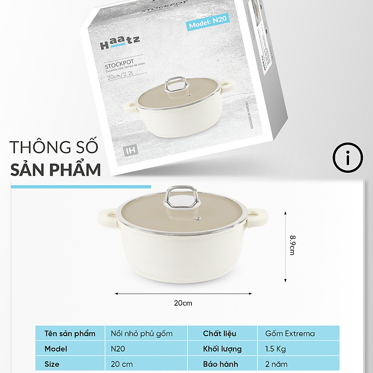 Nồi chống dính phủ gốm Haatz Hàn Quốc size 20cm dung tích 2.2L