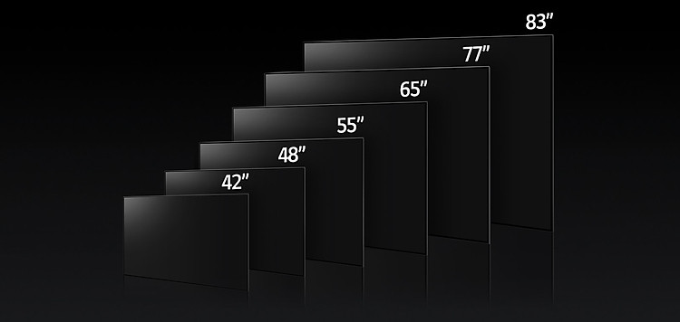 Một hình ảnh so sánh các kích thước khác nhau của LG OLED C3, cho thấy 42", 48", 55", 65", 77 ", và 83 ".