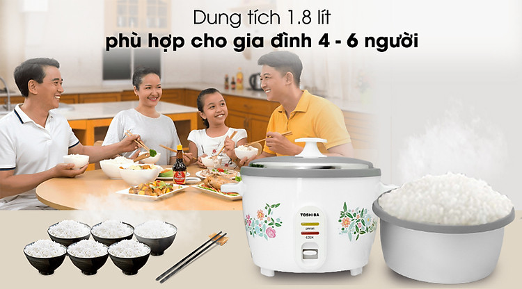 Dùng cho gia đình 4 - 6 người - Nồi cơm nắp rời Toshiba RC-18MH1PV(W) 1.8 lít Dùng cho gia đình 4 - 6 người - Nồi cơm nắp rời Toshiba RC-18MH1PV(W) 1.8 lít