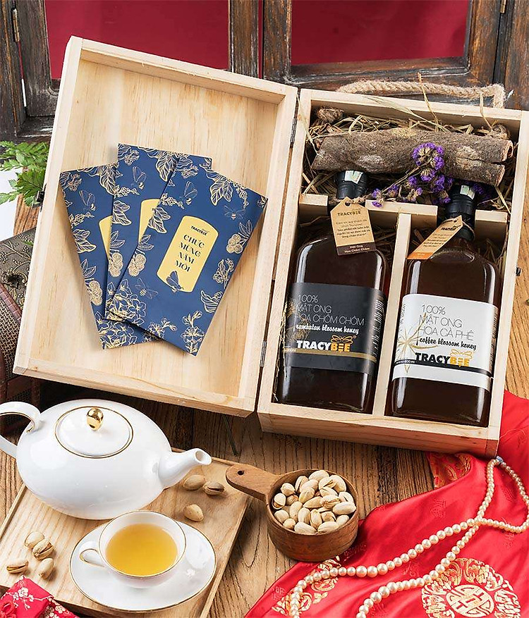 hộp quà gỗ đôi mật ong hoa chôm chôm và cà phê