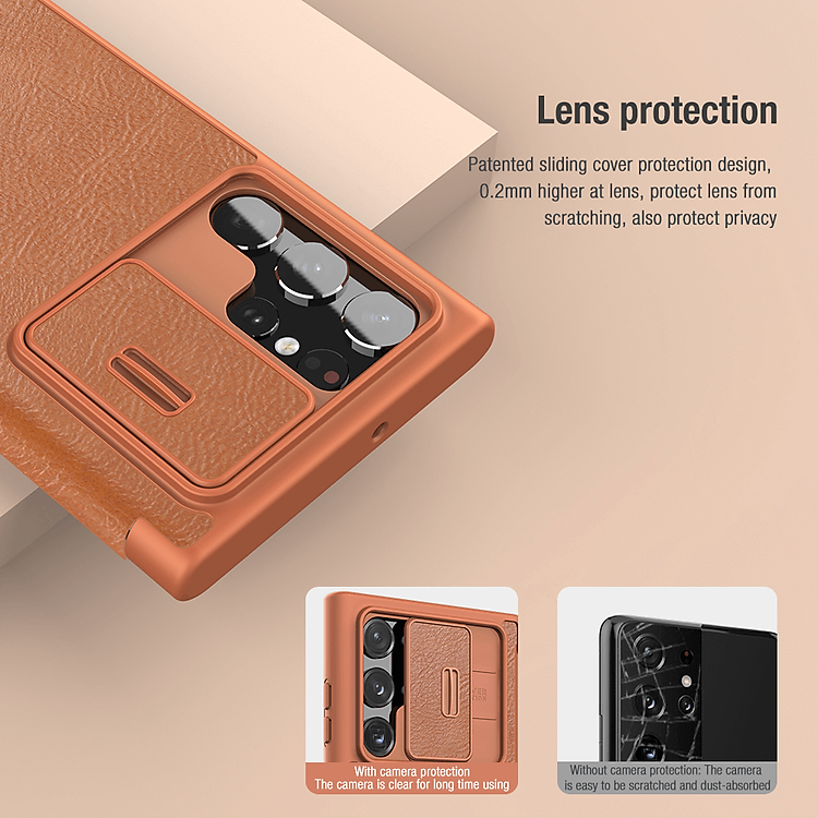 Case bao da leather chống sốc cho Samsung Galaxy S22 Ultra hiệu Nillkin Qin Pro trang bị nắp bảo vệ Camera (Chất liệu da cao cấp, có ngăn đựng thẻ, mặt da siêu mềm mịn) - hàng nhập khẩu