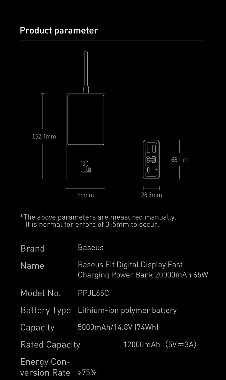 Baseus 65W 74Wh 20000mAh Power Bank External Battery Power Supply With USB-C PD QC4.0+ QC3.0 USB-A * 2 Support PPS AFC FCP SCP Fast Charging For iPhone 12 Pro Max for Samsung Galaxy S21 Note S20 ultra Huawei Mate40 P50 OnePlus 9 Pro