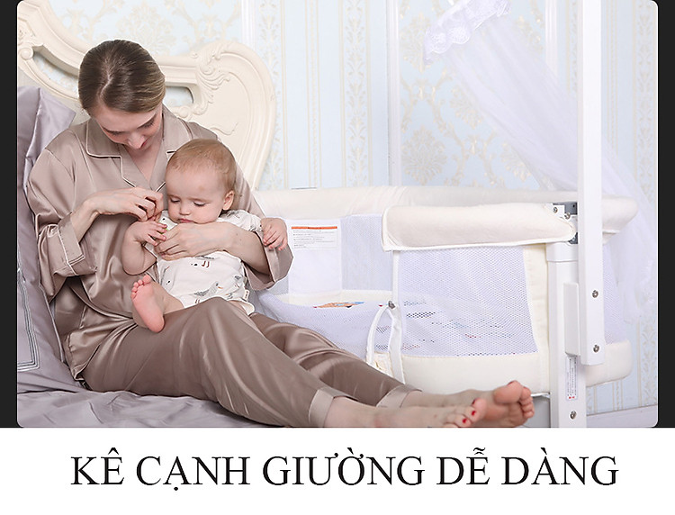 cũi kề giường đa năng, nôi di động cho bé, giường ngủ riêng cho bé kem (trắng) 3