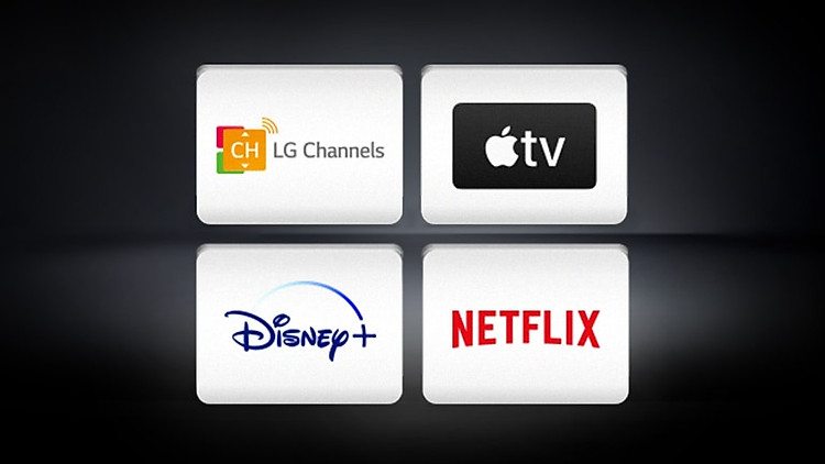 Logo Apple TV, logo Disney+ và logo Netflix được bố trí trên nền đen.