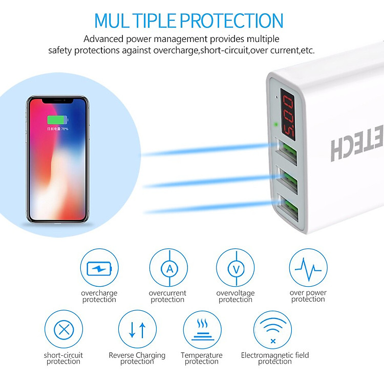 Cóc củ sạc nhanh 15W 3 cổng USB hiệu CHOETECH C0026 cho điện thoại / máy tính bảng Samsung iPhone Huawei Oppo Xiaomi (sạc nhanh 2.4A / Port, 3 Port USB, Max 3A, trang bị LED hiển thị) - Hàng chính hãng
