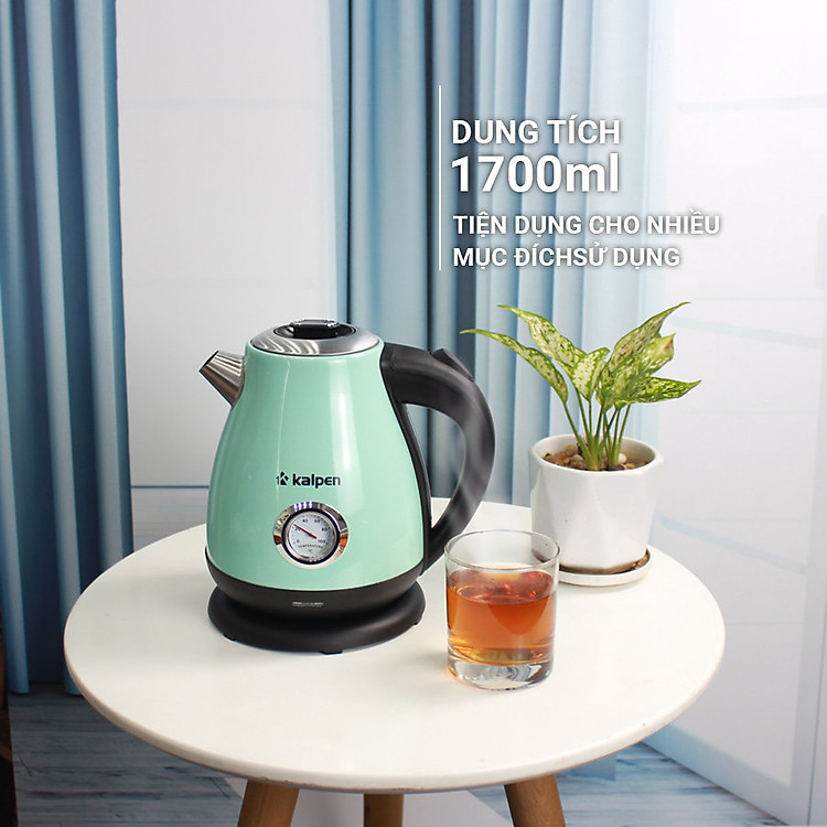 Ấm siêu tốc 1.7L Inox 304 Kalpen KK91 kèm đồng hồ báo nhiệt, công suất 2200W