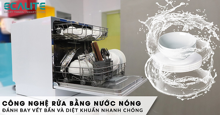 Máy rửa bát mini EDW-SMS6080WH sử dụng công nghệ rửa bằng nước nóng