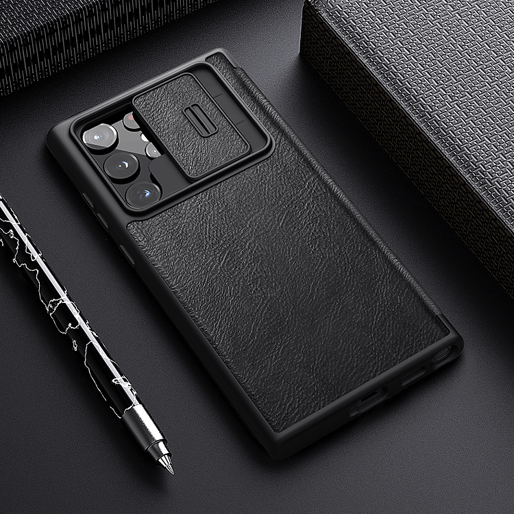 Case bao da leather chống sốc cho Samsung Galaxy S22 Ultra hiệu Nillkin Qin Pro trang bị nắp bảo vệ Camera (Chất liệu da cao cấp, có ngăn đựng thẻ, mặt da siêu mềm mịn) - hàng nhập khẩu