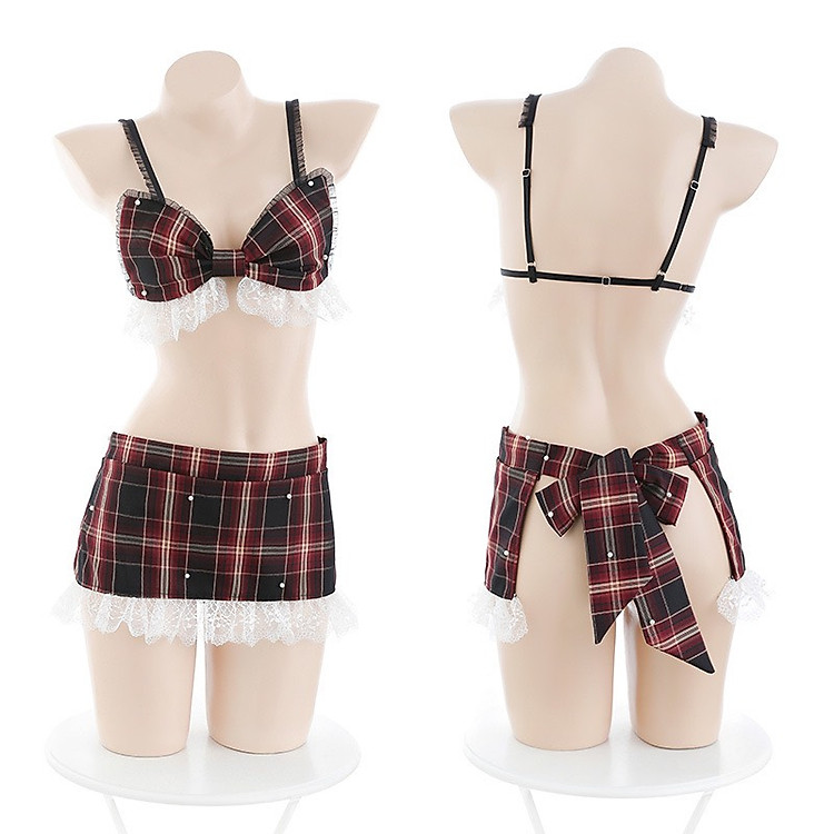 Bộ Cosplay Váy Sọc Caro Phối Ren