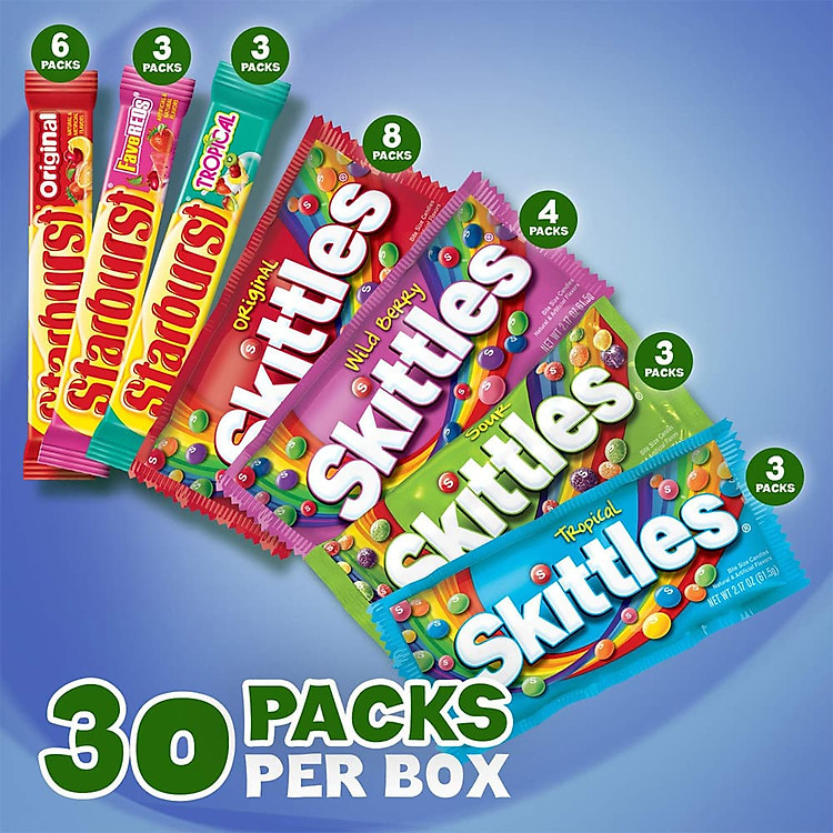 Kẹo trái cây Skittles & Starburst Christmas Candy Variety Mix Hộp 30 gói
