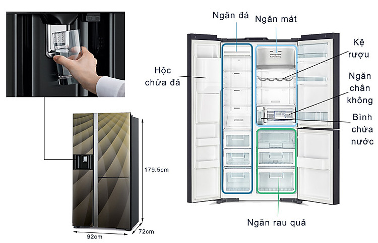 Tủ lạnh SBS Hitachi Inverter 569 lít R-FM800XAGGV9X (DIA) - kích thước