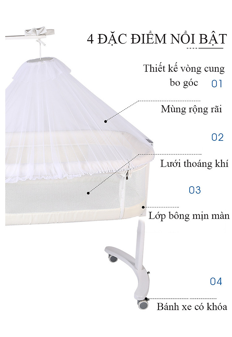 cũi kề giường đa năng, nôi di động cho bé, giường ngủ riêng cho bé kem (trắng) 5