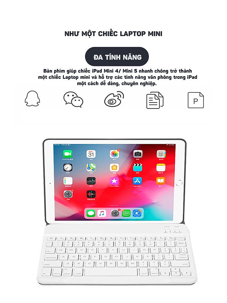 Bàn phím bluetooth kèm bao da cho iPad Mini 4/ Mini 5 có đèn led Aturos 1030D (Màu đen)