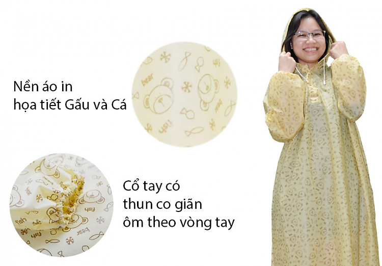 Áo mưa in họa tiết gấu cá - áo mưa EVA - RANDO