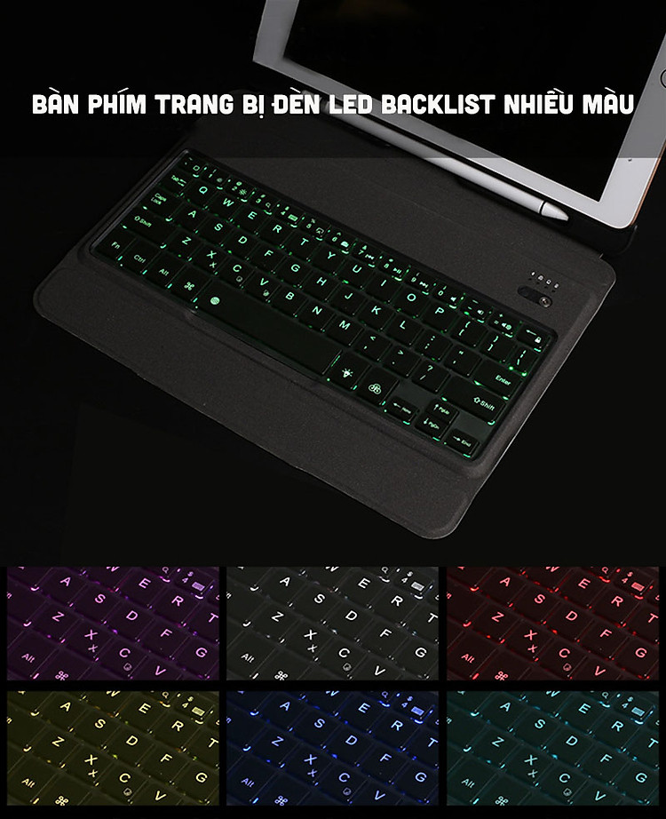 Bàn phím Bluetooth có đèn kèm bao da slim có thể tách rời và khay đựng bút pencil cho iPad 9.7 2018 Promax BLED(Màu đen)