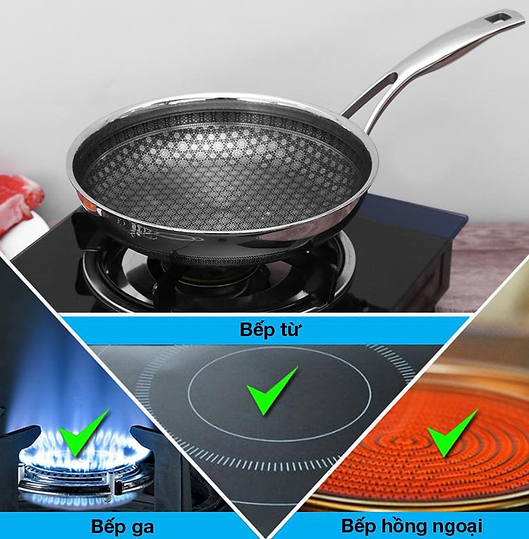 Chảo inox chống dính đáy từ 22cm Kims Cook N122M - Nấu ăn linh hoạt, hiệu quả khi dùng được trên tất cả các bếp như bếp ga, bếp hồng ngoại, bếp từ,