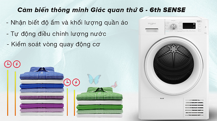 Cảm biến thông minh Giác quan thứ 6 - 6th SENSE sấy khô hiệu quả, tiết kiệm điện - Máy sấy Whirlpool FFTCM118XB EE